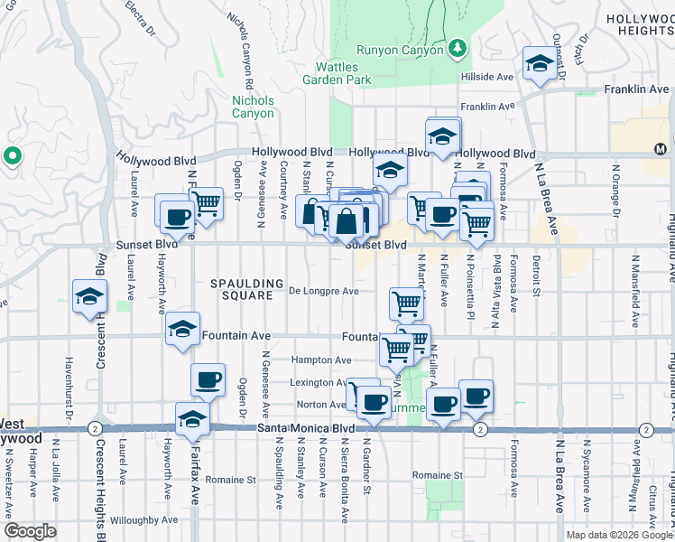 map of restaurants, bars, coffee shops, grocery stores, and more near 1411 North Sierra Bonita Avenue in Los Angeles