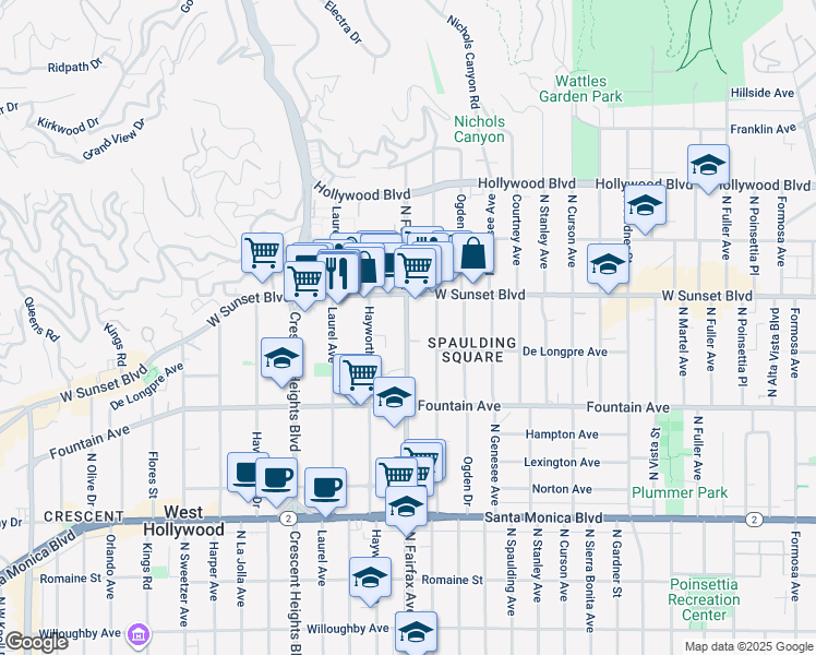 map of restaurants, bars, coffee shops, grocery stores, and more near 1429 North Fairfax Avenue in West Hollywood