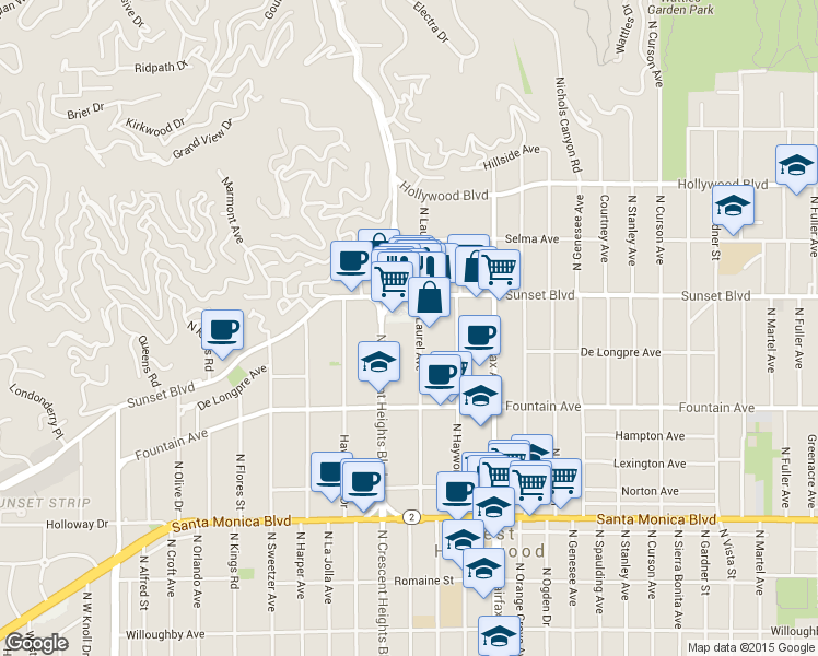 map of restaurants, bars, coffee shops, grocery stores, and more near 1401 North Laurel Avenue in West Hollywood