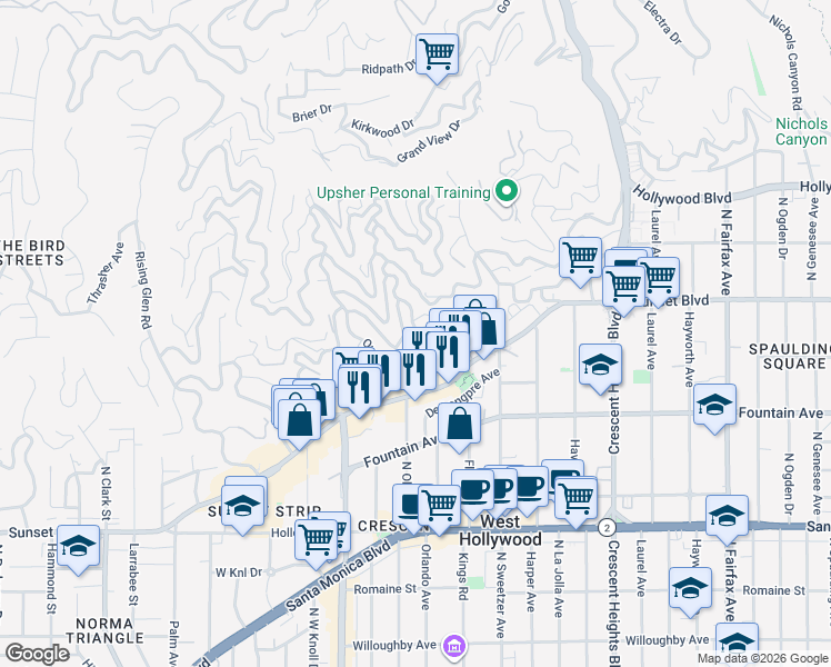 map of restaurants, bars, coffee shops, grocery stores, and more near 8444 Harold Way in Los Angeles