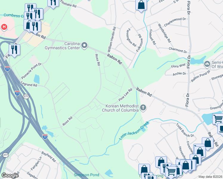 map of restaurants, bars, coffee shops, grocery stores, and more near 220 Pine Lee Road in Columbia