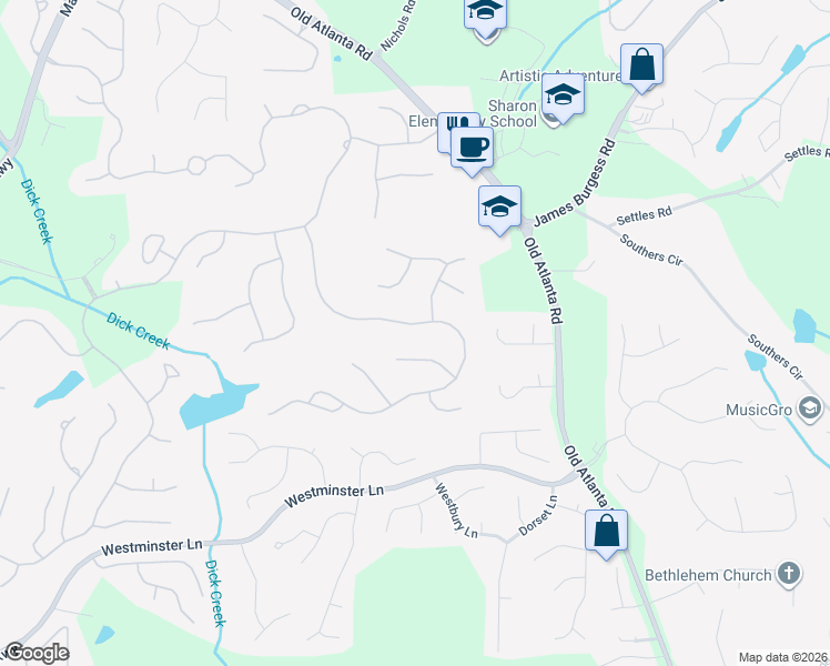 map of restaurants, bars, coffee shops, grocery stores, and more near 7080 Brixton Place in Suwanee