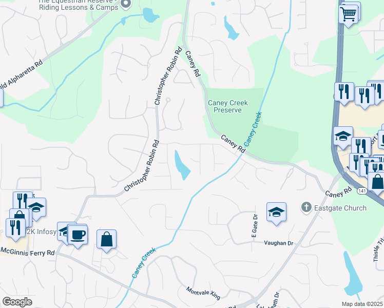 map of restaurants, bars, coffee shops, grocery stores, and more near 2115 Brook Pond Court in Alpharetta