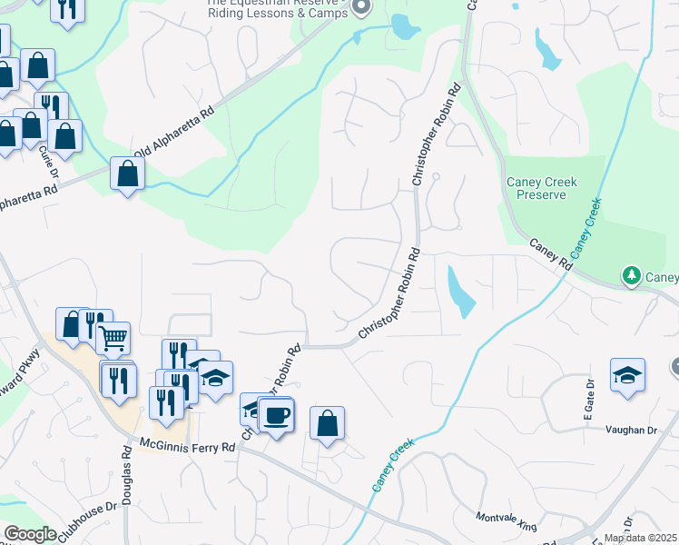 map of restaurants, bars, coffee shops, grocery stores, and more near 485 White Rose Trce in Alpharetta