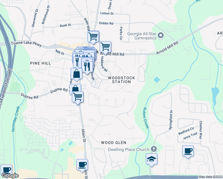 map of restaurants, bars, coffee shops, grocery stores, and more near 166 Bentley Parkway in Woodstock