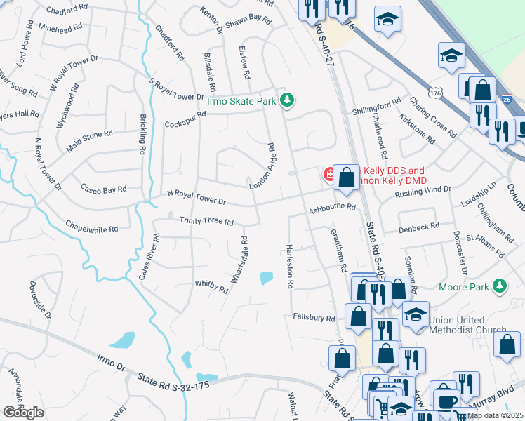 map of restaurants, bars, coffee shops, grocery stores, and more near 104 Oak Hampton Road in Irmo