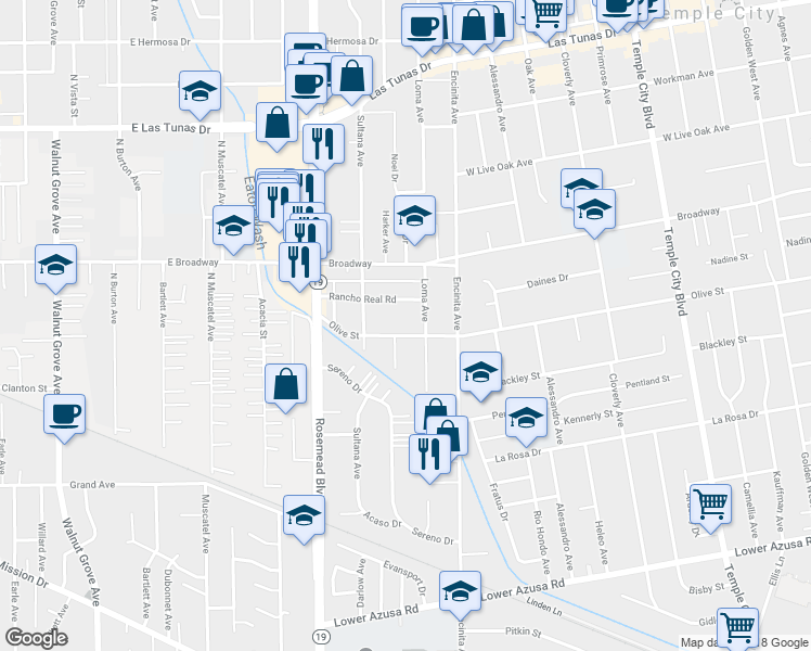 map of restaurants, bars, coffee shops, grocery stores, and more near 9109 Olive Street in Temple City