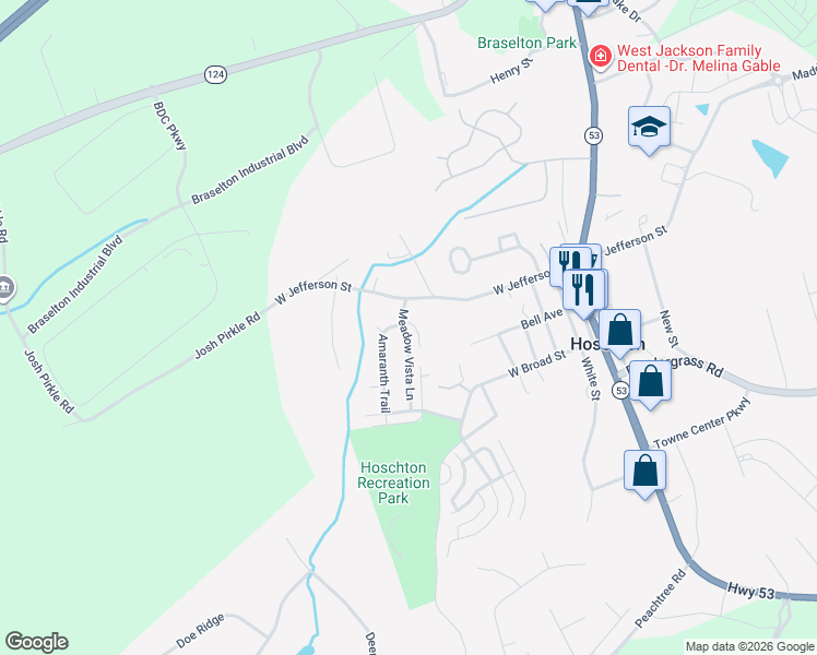 map of restaurants, bars, coffee shops, grocery stores, and more near 396 Meadow Vista Lane in Hoschton