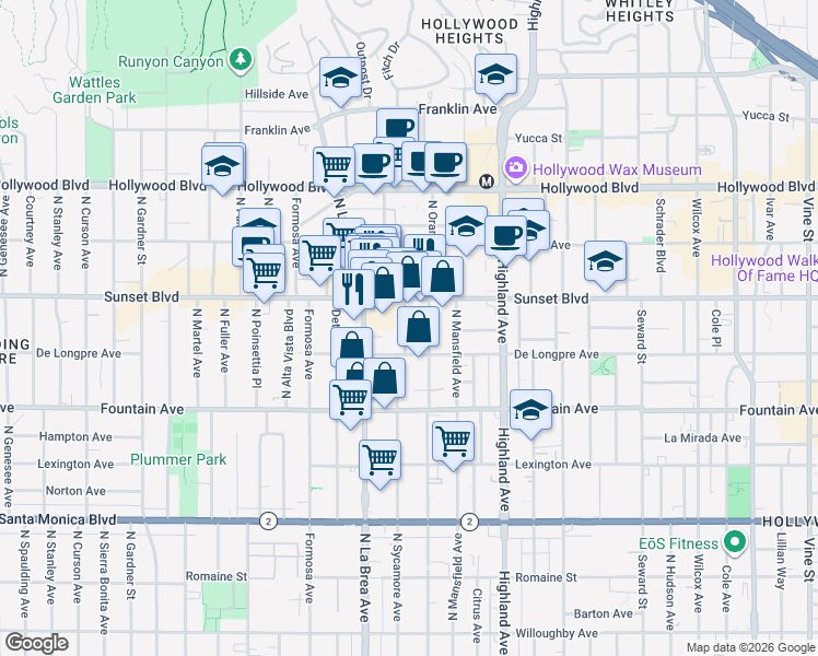 map of restaurants, bars, coffee shops, grocery stores, and more near 1426 North Sycamore Avenue in Los Angeles