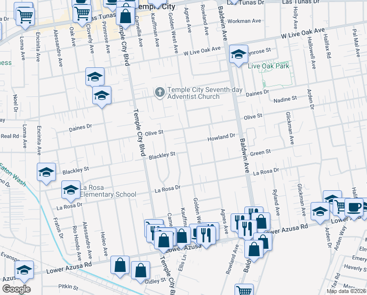 map of restaurants, bars, coffee shops, grocery stores, and more near 5313 Golden West Avenue in Temple City