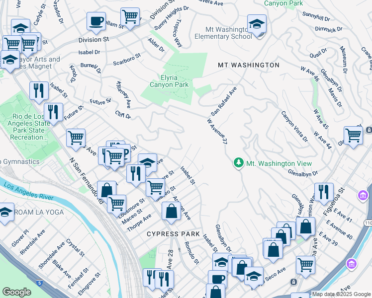 map of restaurants, bars, coffee shops, grocery stores, and more near 3611 Loosmore Street in Los Angeles