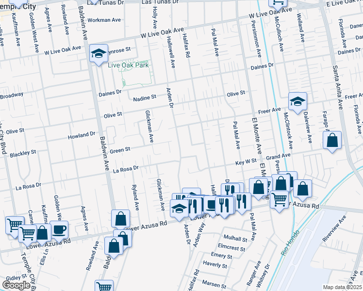 map of restaurants, bars, coffee shops, grocery stores, and more near 5140 Arden Drive in Temple City
