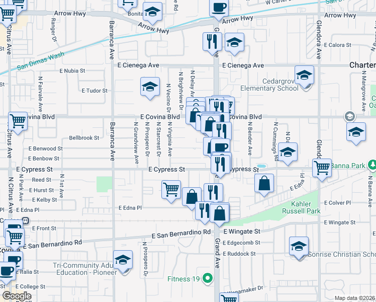 map of restaurants, bars, coffee shops, grocery stores, and more near 812 East Benbow Street in Covina