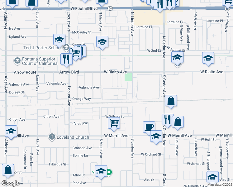 map of restaurants, bars, coffee shops, grocery stores, and more near 200 South Linden Avenue in Rialto