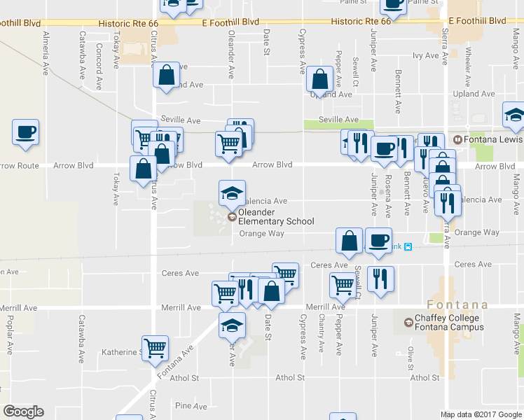 map of restaurants, bars, coffee shops, grocery stores, and more near 16385 Valencia Avenue in Fontana