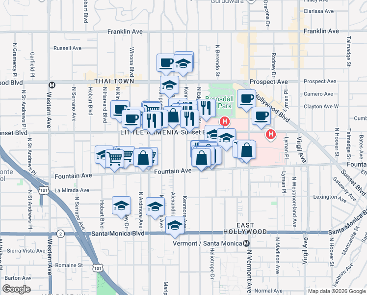 map of restaurants, bars, coffee shops, grocery stores, and more near 1339 1/2 North Kenmore Avenue in Los Angeles