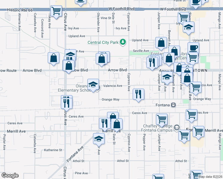 map of restaurants, bars, coffee shops, grocery stores, and more near 16385 Valencia Avenue in Fontana