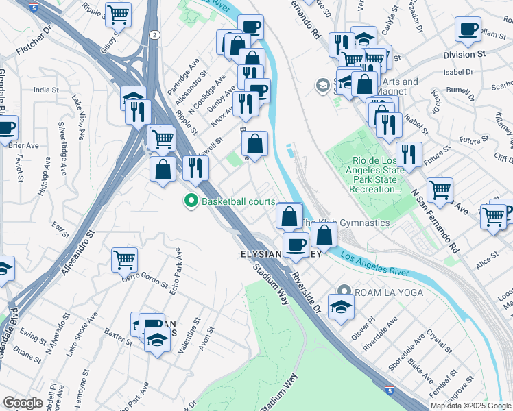 map of restaurants, bars, coffee shops, grocery stores, and more near 2662 Rich Street in Los Angeles