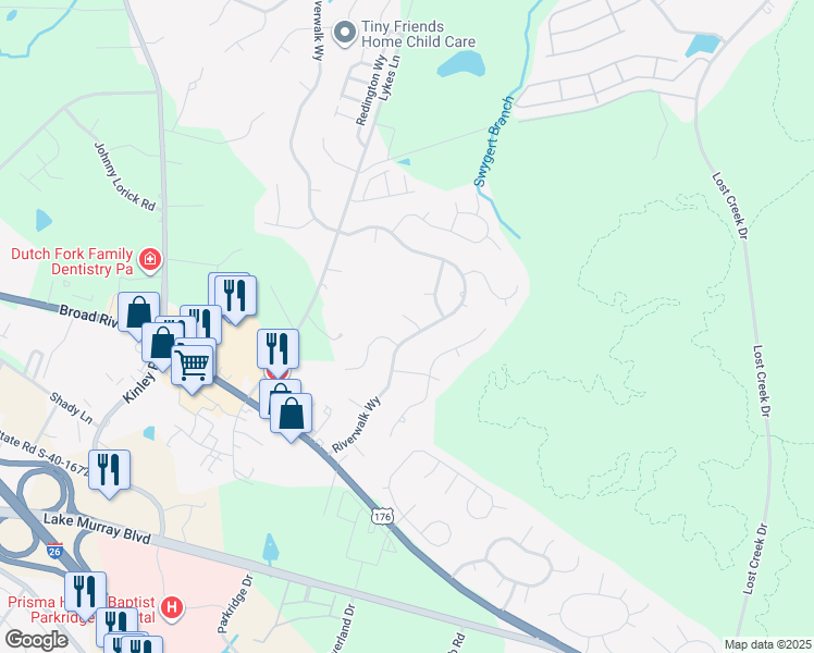 map of restaurants, bars, coffee shops, grocery stores, and more near 5 Margate Court in Irmo