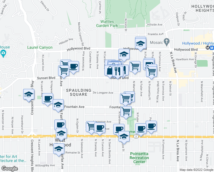 map of restaurants, bars, coffee shops, grocery stores, and more near 1428 North Curson Avenue in Los Angeles