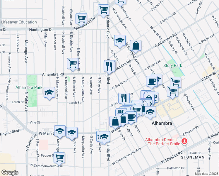 map of restaurants, bars, coffee shops, grocery stores, and more near 408 West Grand Avenue in Alhambra