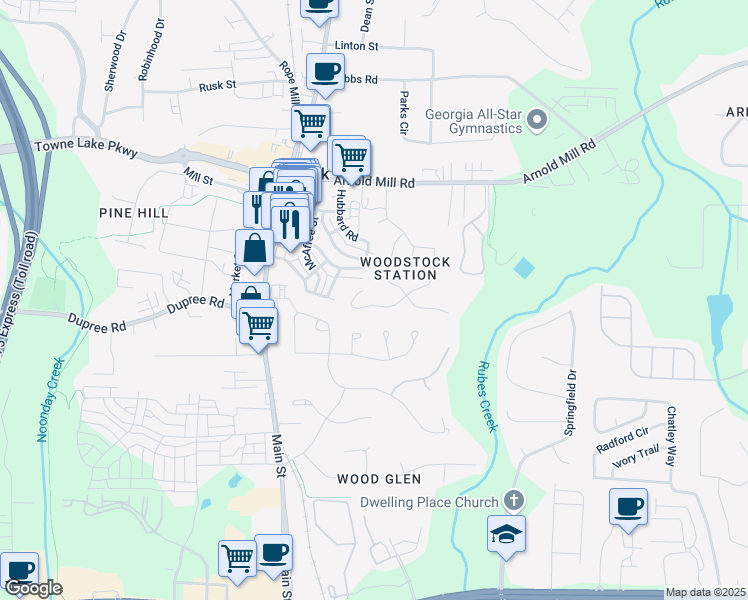 map of restaurants, bars, coffee shops, grocery stores, and more near 166 Bentley Parkway in Woodstock
