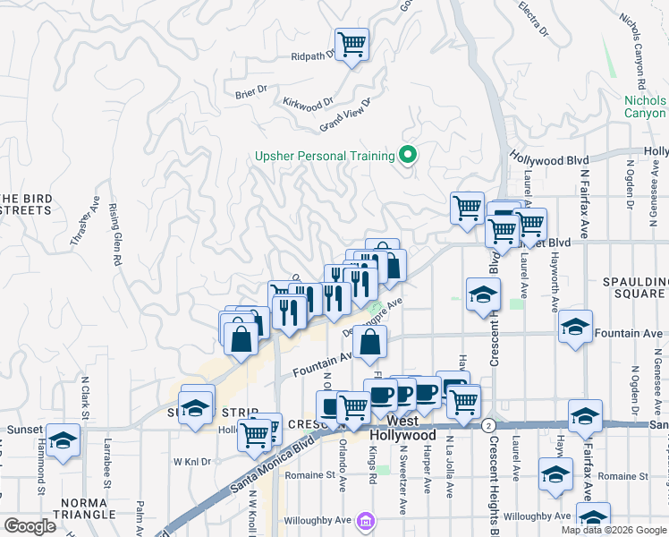 map of restaurants, bars, coffee shops, grocery stores, and more near 8444 Harold Way in Los Angeles