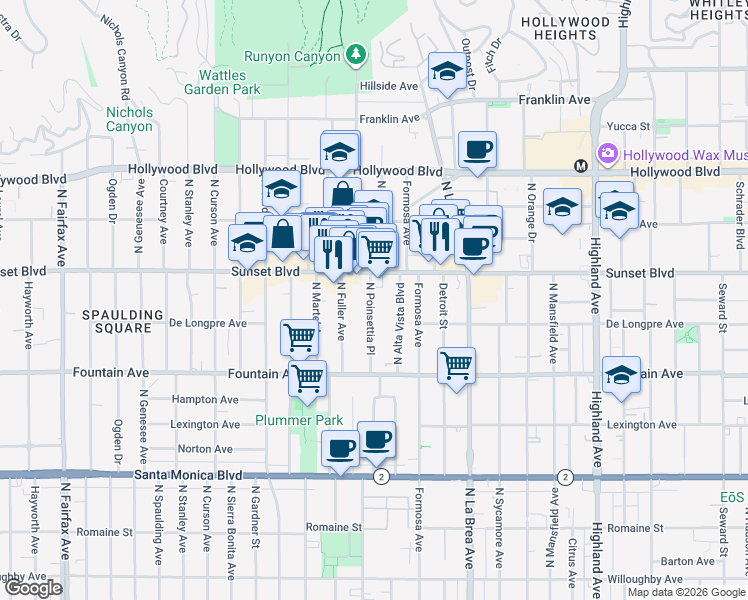 map of restaurants, bars, coffee shops, grocery stores, and more near 1419 North Poinsettia Place in Los Angeles