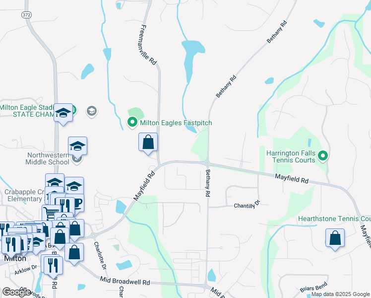 map of restaurants, bars, coffee shops, grocery stores, and more near 1120 Mayfield Road in Alpharetta