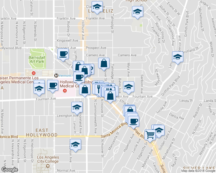 map of restaurants, bars, coffee shops, grocery stores, and more near 1404 North Hoover Street in Los Angeles