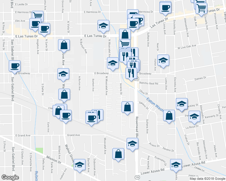 map of restaurants, bars, coffee shops, grocery stores, and more near 5320 North Muscatel Avenue in San Gabriel