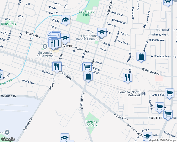 map of restaurants, bars, coffee shops, grocery stores, and more near 2109 North White Avenue in La Verne