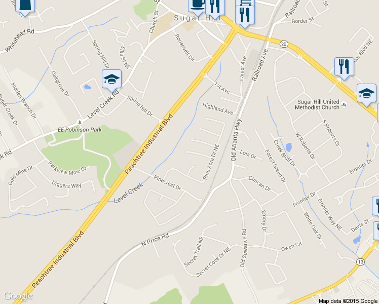 map of restaurants, bars, coffee shops, grocery stores, and more near 4680 Riley Run Court in Sugar Hill