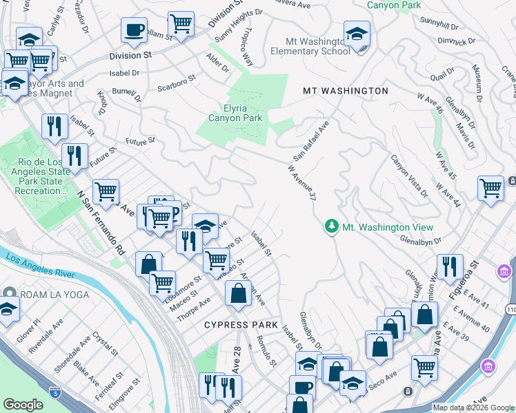 map of restaurants, bars, coffee shops, grocery stores, and more near 3611 Loosmore Street in Los Angeles