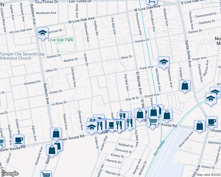 map of restaurants, bars, coffee shops, grocery stores, and more near 5107 Halifax Road in Temple City