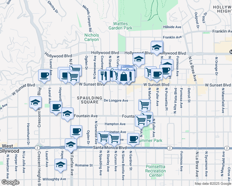 map of restaurants, bars, coffee shops, grocery stores, and more near 1404 North Stanley Avenue in Los Angeles