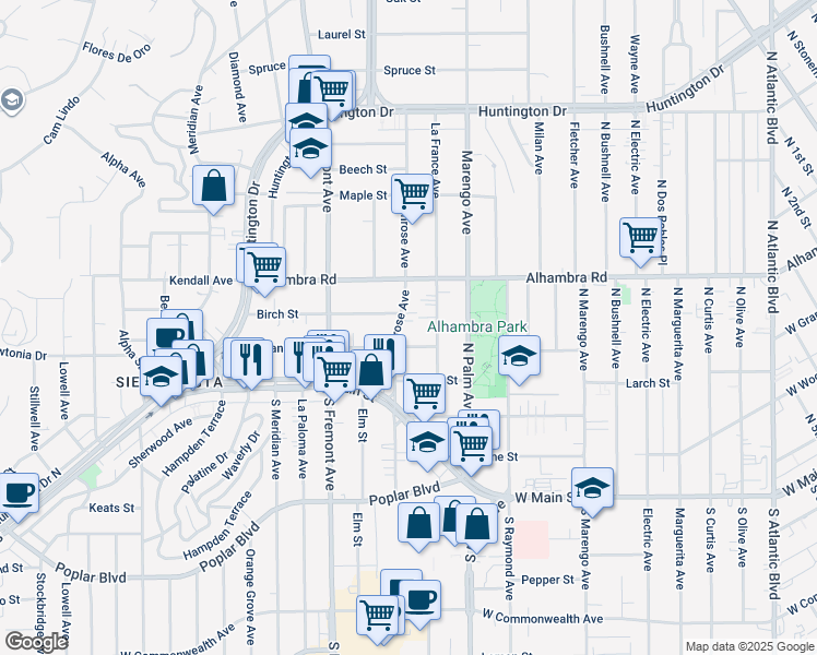 map of restaurants, bars, coffee shops, grocery stores, and more near 212 North Primrose Avenue in Alhambra