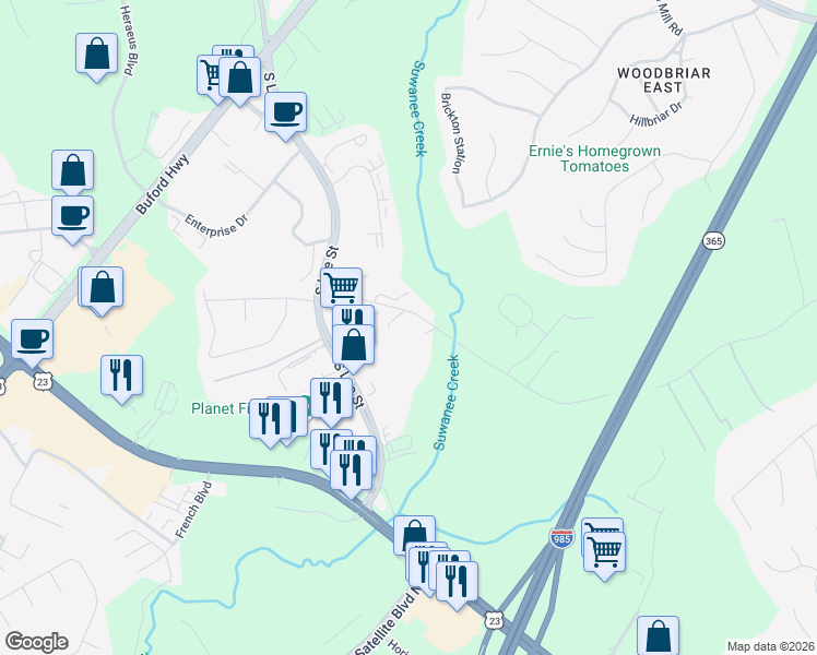 map of restaurants, bars, coffee shops, grocery stores, and more near 109 Maddox Road in Buford