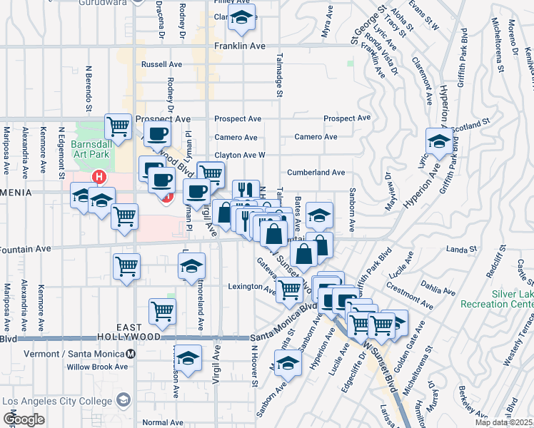 map of restaurants, bars, coffee shops, grocery stores, and more near 1404 North Hoover Street in Los Angeles