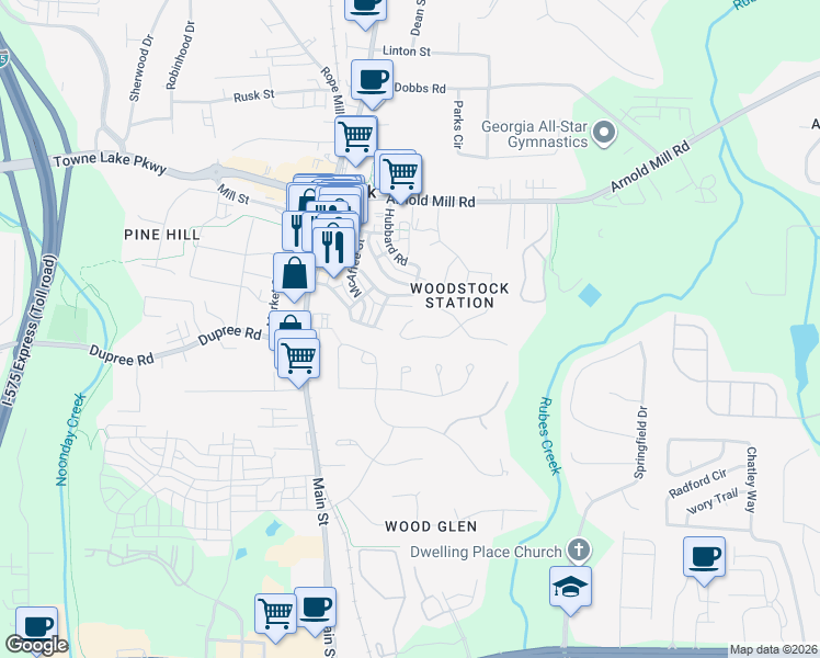 map of restaurants, bars, coffee shops, grocery stores, and more near 171 Bentley Parkway in Woodstock