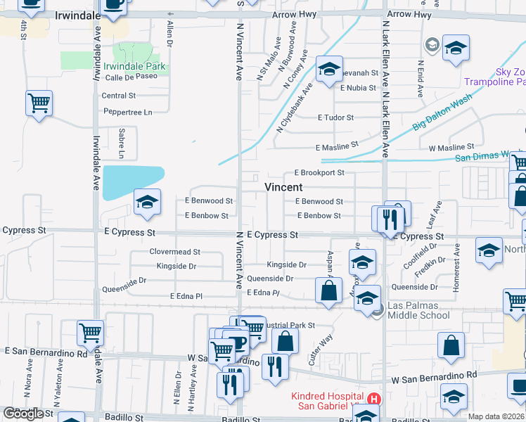map of restaurants, bars, coffee shops, grocery stores, and more near 4639 North Trujillo Drive in Covina