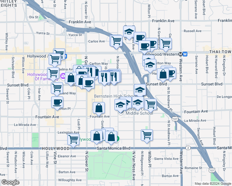 map of restaurants, bars, coffee shops, grocery stores, and more near 1421 North Bronson Avenue in Los Angeles