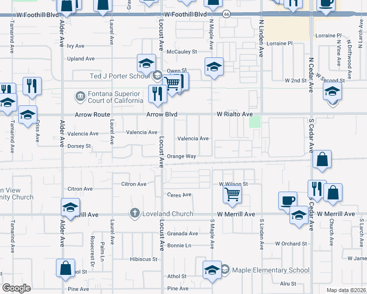 map of restaurants, bars, coffee shops, grocery stores, and more near 8660 Williams Road in Fontana