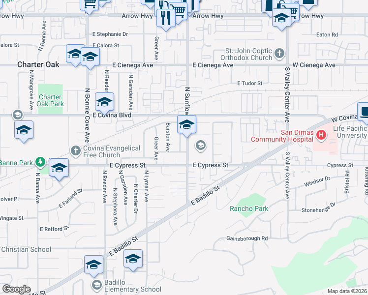 map of restaurants, bars, coffee shops, grocery stores, and more near 935 North Sunflower Avenue in Covina