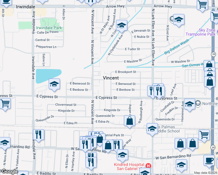 map of restaurants, bars, coffee shops, grocery stores, and more near 4620 North Coney Avenue in Covina