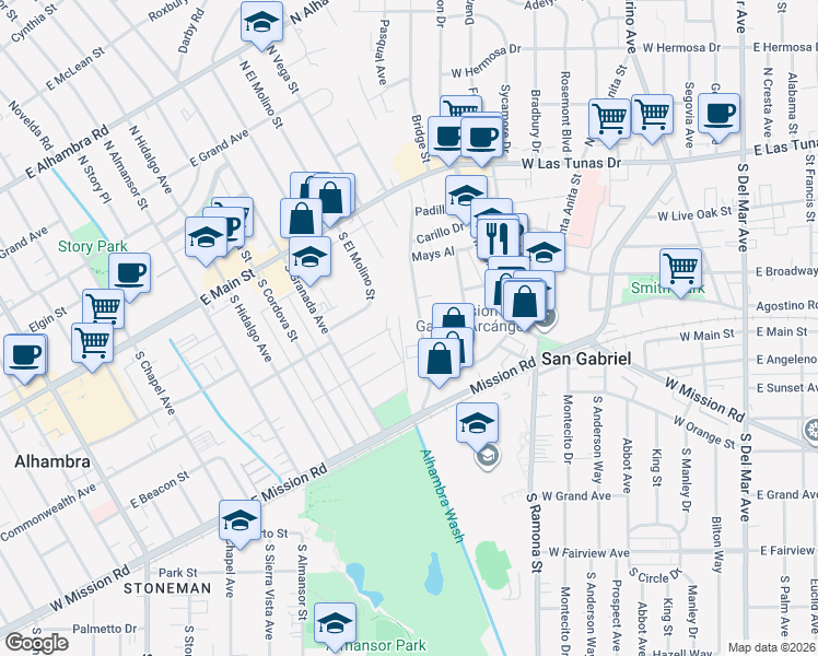 map of restaurants, bars, coffee shops, grocery stores, and more near 343 South Arroyo Drive in San Gabriel