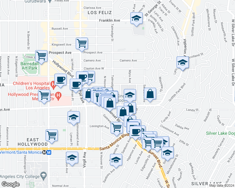 map of restaurants, bars, coffee shops, grocery stores, and more near 1322 Talmadge Street in Los Angeles