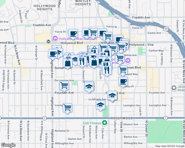 map of restaurants, bars, coffee shops, grocery stores, and more near 1415 North Hudson Avenue in Los Angeles
