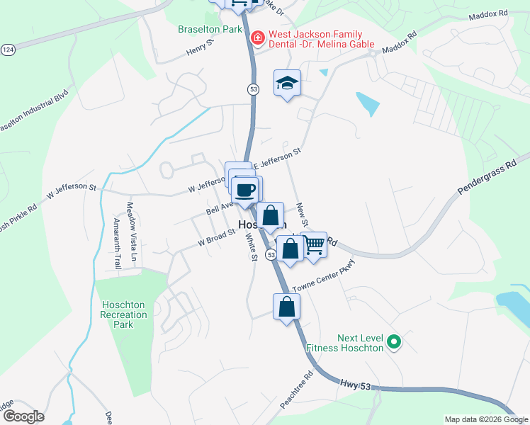 map of restaurants, bars, coffee shops, grocery stores, and more near in Hoschton