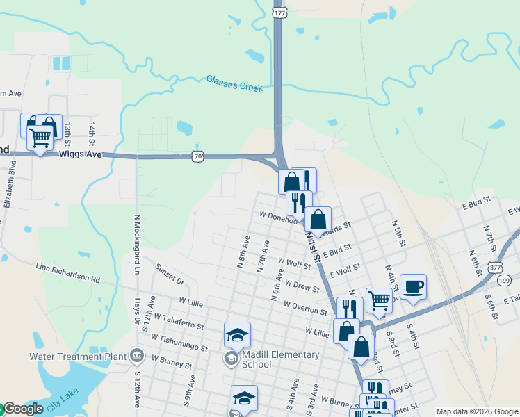 map of restaurants, bars, coffee shops, grocery stores, and more near 707 West Donehoo in Madill